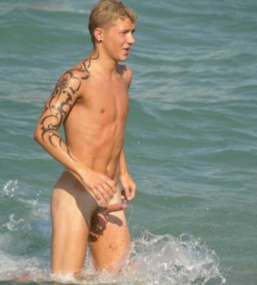 Nudist boner on beach